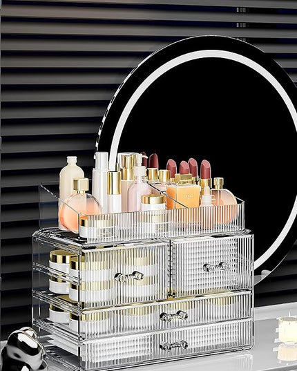 ZHIAI Stackable Storage Drawers, Acrylic Bathroom Counter Organizer Clear Makeup Organizers for Vanity, Kitchen Cabinets, Bathroom, Undersink, Home Organization and Storage (1 Top 4 Drawers D)