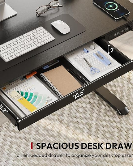 SANODESK Standing Desk with Drawer, Electric Height Adjustable Home Office Desk with Storage & USB Ports, 48 inch Black Wood Tabletop/White Frame