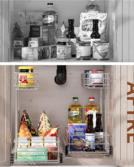 Under Sink Organizer 9"W X18.5"D，Pull Out Cabinet Organizer 2 Tier，Under Sink Slide Out Organizer Chrome Plated, Under Kitchen Bathroom Sink Organizer, Pantry Cabinet Closet Organization Rack, 1 Pack