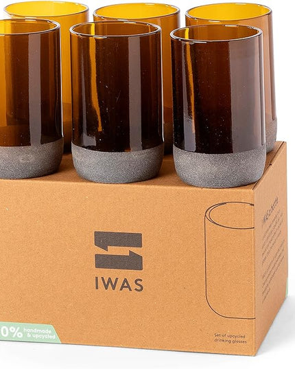 IWAS Upcycled Tall Auburn Drinking Glasses | 350 ML | 12 OZ | Set of 6 | Sustainable Water and Juice Glass For Home | Light Brown Cup | Thick High Ball Modern Amber Glassware | Better Than Recycled