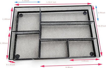 Desk Drawer Organizer tray, Mesh Drawer Organizer Tray for Office, School or Home Supplies Desktop Storage Stationery,bathroom,kitchen, 6 Compartments, 12.6 x 8.27 x 1.57 inch, Black