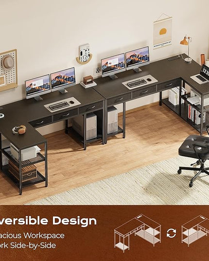 PRAISUN 55 Inch L Shaped Office Desk with Power Outlets and Type-C Port, Large Computer Gaming Desk with 3 Fabric Drawers, Mesh Shelves, Corner Study Work Writing Desk, Black