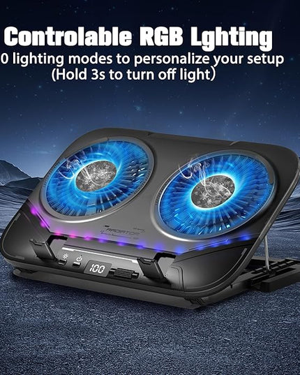 PZT Dual-Core TEC Laptop Cooling Pad with Dual Stepless-Quiet Fans, 5-Height Adjustable Laptop Cooling Stand, 10-Level RGB for 13-17 Inch Laptops, Includes 15W Charger, Smoky Black