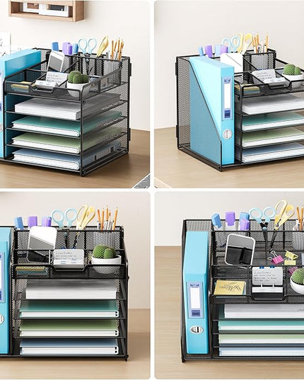 Lavatino Desk Organizer, 5-Tier Metal Mesh Paper Letter Tray with 1 File Holders & 7 Flexible Dividers for Office or Home Desk Organizers and Accessories, Keep Workspace Supplies Neat, Black