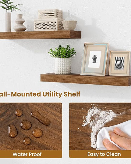 Fun Memories Floating Shelves Set of 2, 24 Inch Floating Shelves for Wall, Wood Wall Shelves with Invisible Brackets, for Bathroom, Bedroom, Living Room, Kitchen, Walnut