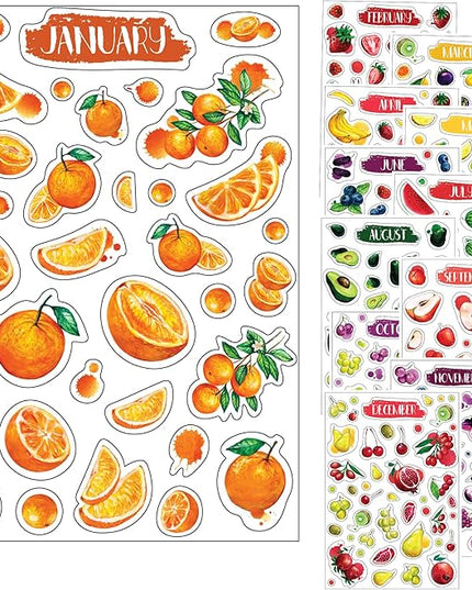 Monthly Calendar Planner Stickers - 12 Transparent Sticker Sheets with Beautiful Fruit Illustrations, Undated Calendar Stickers, Supplies for Planners or Bullet Journals