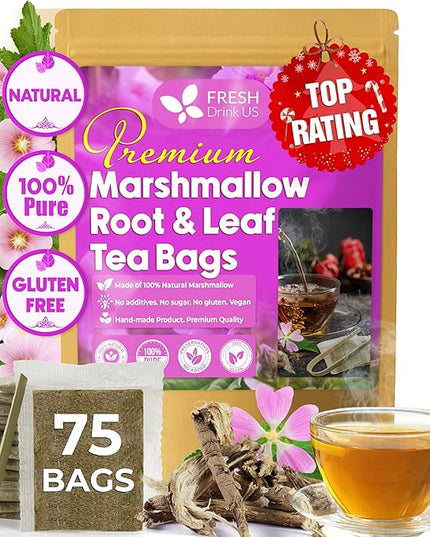 FreshDrinkUS, Premium 75 Marshmallow Root and Leaf Tea Bags, 100% Natural & Pure. Loose Leaf Marshmallow Herbal Tea. Made with Eco-Conscious Tea Bags. No Sugar, No Caffeine, No Gluten, Vegan.