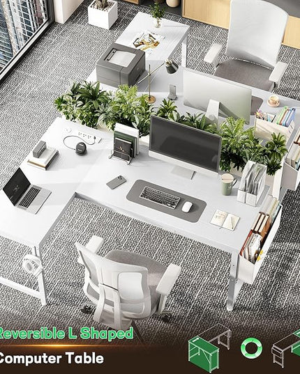 L Shaped Desk with 0.95 Inch Thicker Desktop & Storage Bag, Computer Desk with Power Outlets & Lights, Reversible Gaming Desk for Home Office, Corner Desk, Study Room, Living, Bedroom, White