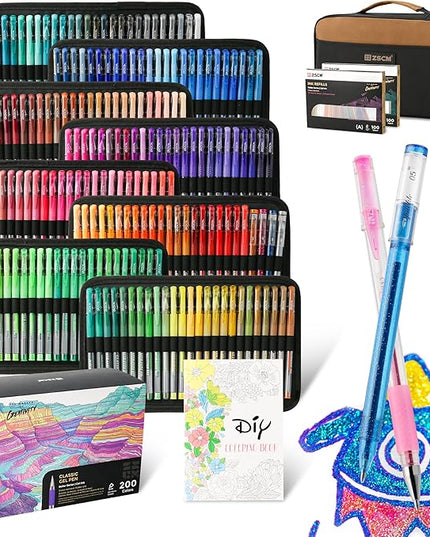 400 Pack Gel Pens for Adult Coloring Book, 200 Artist Colored Pens With 200 Refills, Fine Tip Metallic Glitter Gel Pens for Drawing Doodling Journaling Craft Art Supplies