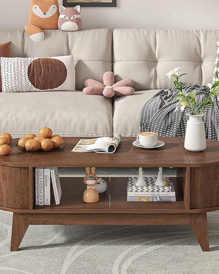 Coffee Table with Storage,Mid Century Modern Coffee Tables with 2 Flip-Top Hidden Lids,Fluted Coffee Table,Wood Center Tables for Living Room Home Office (Walnut Color)