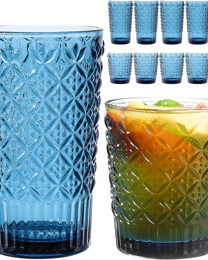 Blue Drinking Glasses Set of 12, 14 Oz Highball & 10 Oz Cocktail Glasses, Blue Kitchen Vintage Glassware Set, Floral Embossed Glass Tumbler Cups for Juice, Beer, Water, Whiskey, Coffee