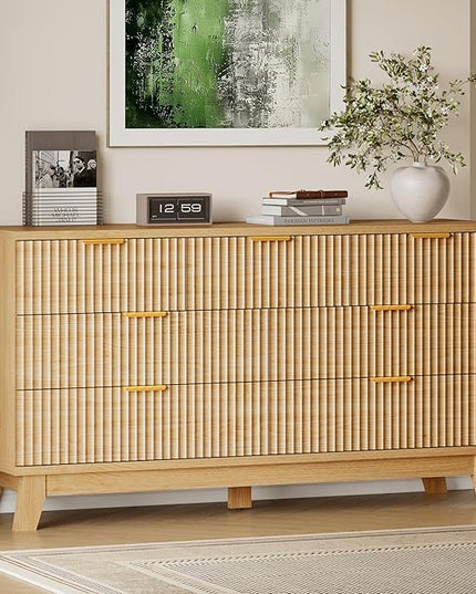 BORNOON 57" Long Dresser for Bedroom, 7-Drawer Fluted Chest, Wide Wood Storage Dresser with Metal Slides and Handles, Stable Base, Modern Clothes Organizer for Primary Suite, Guest Room, Nursery