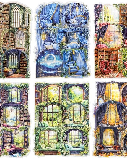 AuriicLeaf Window Reading Corner PET Sticker Set, 60PCS Cozy Room Scene Stickers for Scrapbooking, Journaling, DIY Crafts and Gift Decoration