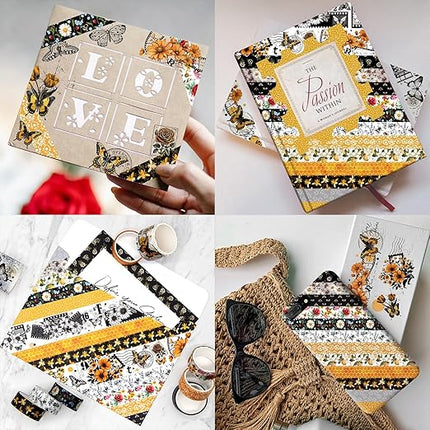 KOVANO Washi Tape Set 14 Rolls, Vintage Bee Floral Butterfly Botanical Washi Tape, Yellow Black Decorative Tapes for Scrapbooking Supplies, Junk Journal, Bullet Journaling, Art Crafts