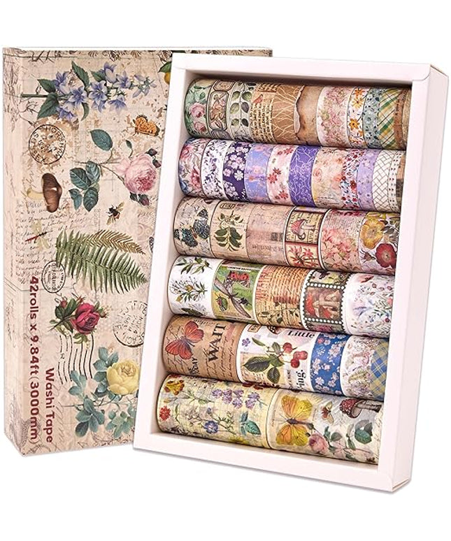 42 Rolls Vintage Washi Tape Set, Floral Letter Butterfly Mushroom Botanical Flower Writable Decorative Tapes for Scrapbooking , Junk Journal Supplies, Bullet Journaling 5-75mm Wide 9.84ft long/Roll
