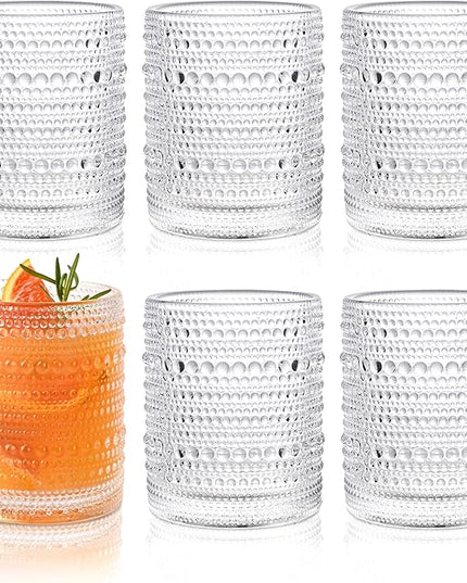 Hobnail Drinking Glasses Set of 6,12oz Vintage Glassware Embossed Vintage Water Cups Cocktail Glasses Juice Glasses