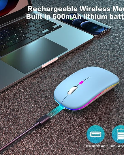 Wireless Bluetooth Mouse Rechargeable Laptop Mice with LED Use Portable(BT5.2 and USB 2.4G) Dual Mode Connection Silent Slim Computer Mouse for Laptop/iPad Tablet/Apple MacBook/PC(Blue)