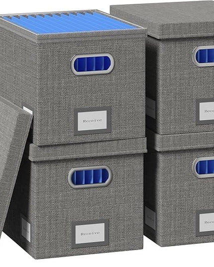 File Organizer Box - File Boxes for Hanging Files with Lid Set of 4 Decorative Hanging Folders Organizer with One-Piece Plastic Frame Slides (Grey, 13.2 * 10.1 * 10.1in(4Pack))