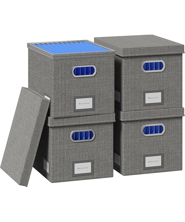 File Organizer Box - File Boxes for Hanging Files with Lid Set of 4 Decorative Hanging Folders Organizer with One-Piece Plastic Frame Slides (Grey, 13.2 * 10.1 * 10.1in(4Pack))