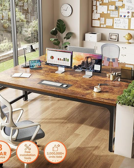 Huuger 71 x 31.5 Inch Desk with Power Outlets & USB-C, 0.95 Inch Thicker Desktop, Robust Metal Tubes, Deep Computer Desk, Heavy Duty Office Desk, Work Desk for Home Office, Rustic Brown