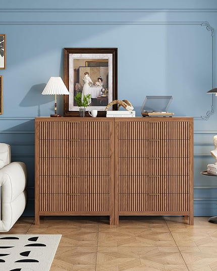 JZXSHD 5 Drawer Dresser, 43" Tall Dresser Organizer TV Drawer Cabinet Modern Wood Storage Cabinet, Modern Wood Storage Cabinet for Bedroom, Hallway, Entryway, Walnut Oak X 2