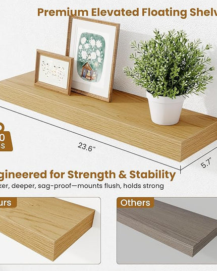 Fun Memories Floating Shelves Set of 2, 24 Inch Floating Shelves for Wall, Wood Wall Shelves with Invisible Brackets, for Bathroom, Bedroom, Living Room, Kitchen, Oak