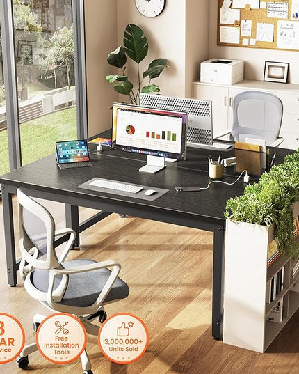 Huuger 55 x 24 inch Desk with Power Outlets & USB-C, Deeper & Thicker Desktop, Robust Metal Tubes, Computer Desk, Heavy Duty Office Desk, Work Gaming Desk for Home Office, Black