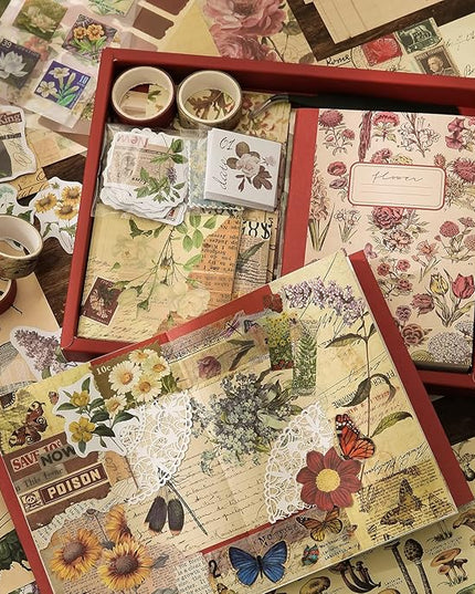 emmoolife Vintage Aesthetic Scrapbooking Supplies Kit, Flowers Botanical Bullet Junk Journal Kit with Journaling Supplies, Tweezers, A6 Grid Notebook,Stationery,Sticker, Birthday Craft Gift for Adult