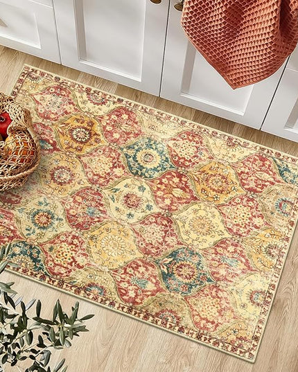 Lahome Moroccan Trellis Washable Rug, 2x3 Bathroom Rugs for Kitchen Entryway, Non-Slip Indoor Door Mat Ultra-Thin, Small Oriental Throw Carpet for Bedroom Entry, Red/Orange