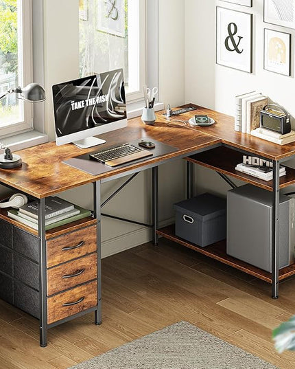 Huuger L Shaped Office Desk with Power Outlets, 47 Inch Computer Desk with 3 Drawers, Shelves, for Gaming, Corner Work, Home Office, Study, Rustic Brown
