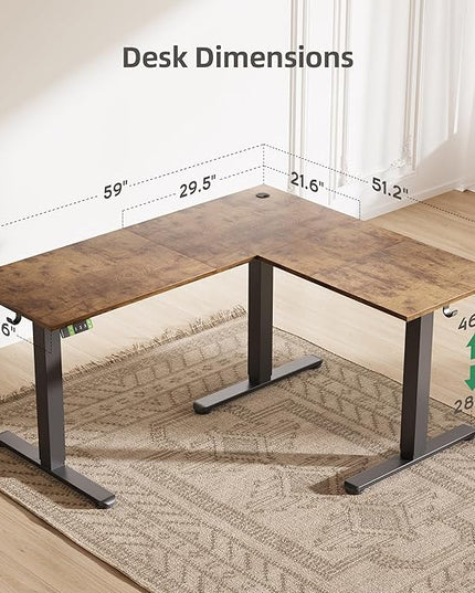 Claiks L Shaped Height Adjustable Electric Standing Desk with Dual Motors and Headphone Hook, 59" Corner Sit Stand Desk with Memory Presets for Home Office & Gaming, Rustic Brown
