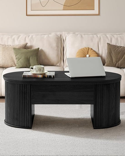 QHITTY Fluted Coffee Table with Lifting Top, Oval Wood Lift Top Coffee Table with Hidden Compartment, Mid Century Pull up Center Tables for Living Room, Office - Black