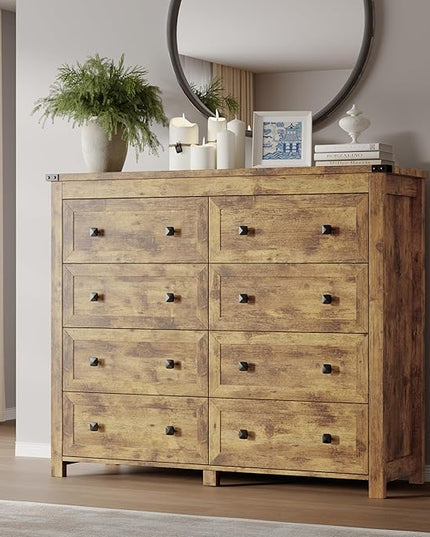 BORNOON Tall 8-Drawer Dresser, Modern Wooden Storage Chest of Drawers, Dresser TV Stand, Wood Drawer Organizer with Metal Handles for Bedroom, Living Room, Hallway