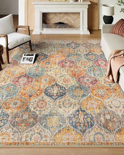 Lahome Moroccan Washable Area Rugs 9x12 Living Room, Soft 9x12 Area Rug for Bedroom, Oriental Non-Slip Non Shedding Throw Large Carpet for Dining Room Office, Cream/Multi