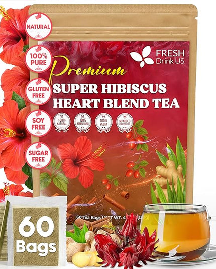 FreshDrinkUS, 60 Tea Bags Super Hibiscus Heart Blend– Herbal Tea with Hibiscus Flower, Ginger, Cinnamon Stick, Lemongrass & Rose Hip – Naturally Caffeine-Free, Sugar-Free, Vegan