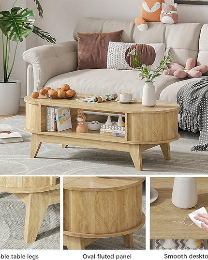 Coffee Table with 2 Hidden Storage,Mid Century Modern Coffee Table with Fluted Finish,Wood Center Tables Oval Coffee Tables with Flip-Top Lids for Living Room Home Office (Oak)