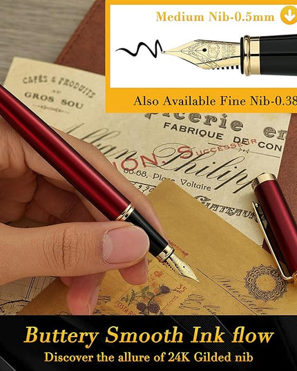 BEILUNER Red Fountain Pen,Stunning Luxury Pens with 24K Gold Finish, Gorgeous 24K Gilded Nib(Medium), Fancy Pen Gift for Men&Women -Ink Converter-Elegant,Professional,Office,Nice Pen for Writing
