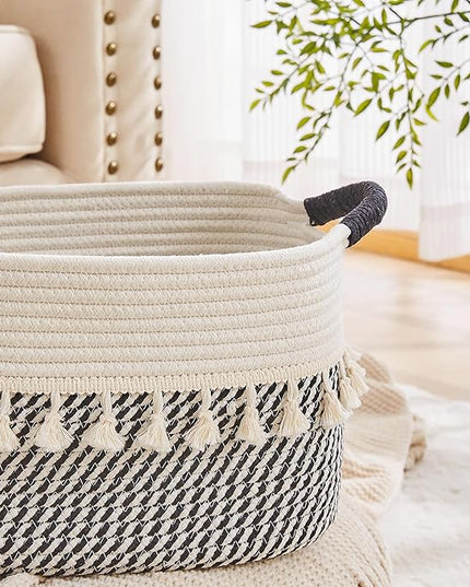 Storage Bins Woven Baskets for Storage Set of 3, Cotton Rope Basket with Handles for Toys/Shelves/Laundry, Rectangle Multi-Purpose Organizer for Living Room, Bedroom, Nursery (White/Black)