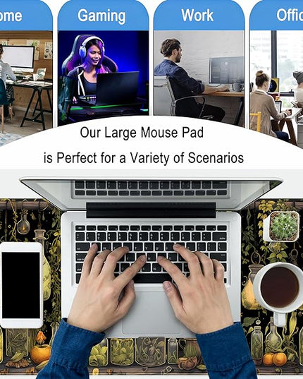 Desk Mat Green Plants Mouse Pad Gaming Mat Dark Keyboard Mat, Long Mouse Mat XXL Extended Desktop Mat Magical Bottles Computer Mats with Stitched Edges, Office Desk Accessory 31.5" x 15.7"