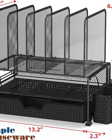 SIMPLE HOUSEWARE Mesh Desk Organizer with Sliding Drawer, Double Tray and 5 Upright Sections, Black