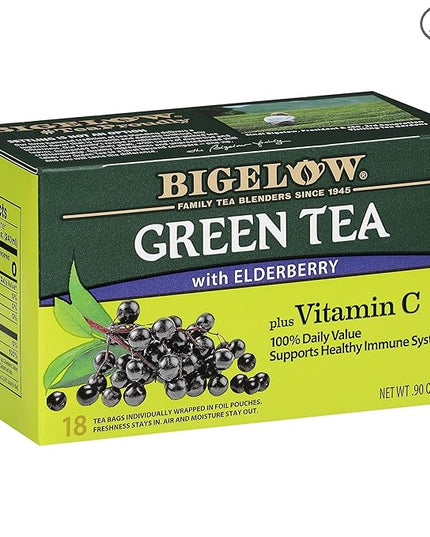 Bigelow Tea Green Tea with Elderberry Plus Vitamin C, Caffeinated Tea with Elderberry, 18 Count Box (Pack of 6), 108 Total Tea Bags