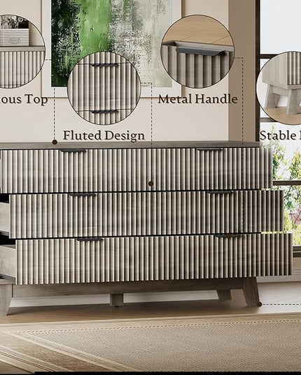 BORNOON 53" Long Dresser for Bedroom, 6-Drawer Dresser with Fluted Fronts, Wide Wood Chest of Drawers, Smooth Metal Slides, Stable Base, Modern Clothes Storage Cabinet for Living Room, Hallway