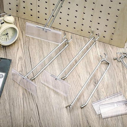 Tandefio 50 Pack 11 Inch Black Metal Peg Board Hooks with Clear Plastic Label Holder Stainless Steel Display Pegboard Hooks for 1/8'' to 1/4'' Pegboard Wall for Garage Storage Retail Shop Supplies