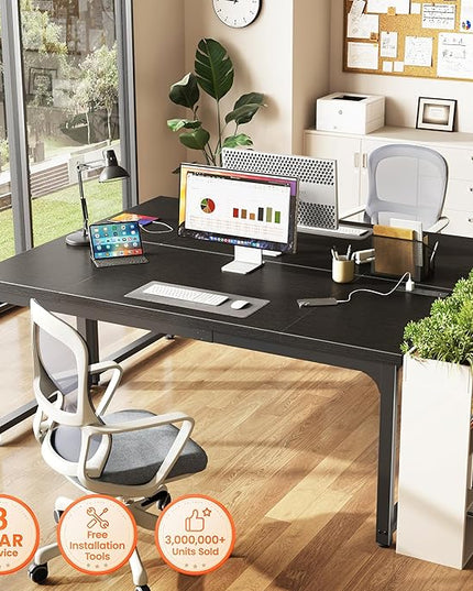 Huuger 63 x 24 inch Desk with Power Outlets & USB-C, Deeper & Thicker Desktop, Robust Metal Tubes, Computer Desk, Heavy Duty Office Desk, Work Gaming Desk, for Home Office, Black