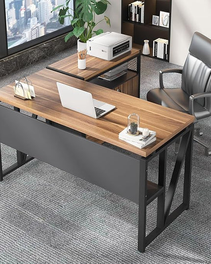 Tribesigns 55" Executive Desk with Reversible File Cabinet, Large L-Shaped Office Desk with Drawers, Business Furniture Workstation for Home Office (Dark Walnut, 55-inch)