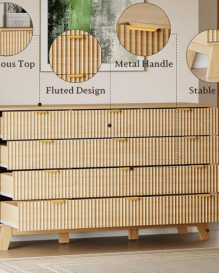 BORNOON 57" Wide Dresser for Bedroom, 12-Drawer Fluted Dresser with Metal Handles, Wood Chest of Drawers with Smooth Slides and Stable Base, Modern Storage Cabinet for Living Room, Nursery