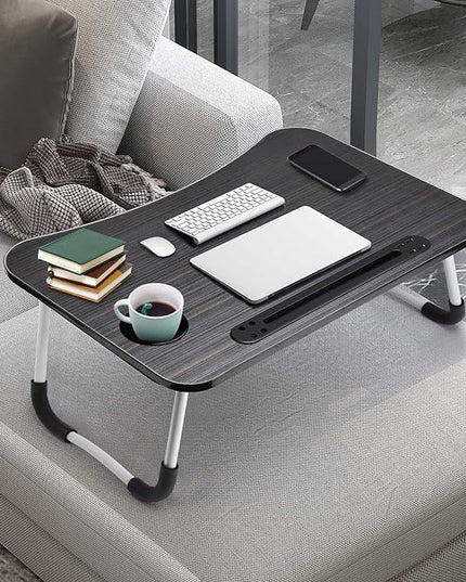Slendor Lap Desk with Cup Holder, Foldable Laptop Table for Bed, Portable Bed Desk for Laptop and Writing, Computer Tray with Tablet Slot, Notebook Stand Reading Holder for Couch Sofa Floor,Black