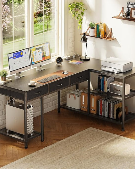 PRAISUN 55 Inch L Shaped Office Desk with Power Outlets and Type-C Port, Large Computer Gaming Desk with 3 Fabric Drawers, Mesh Shelves, Corner Study Work Writing Desk, Black