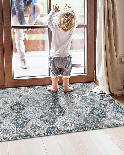 Lahome Moroccan Trellis Small Area Rug, 2x4 Rugs for Entryway Non-Slip Vintage Ultra-Thin Washable Indoor Door Mat Distressed Throw Carpet for Bathroom Kitchen Bedroom, Blue