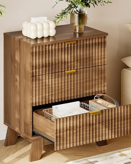 BORNOON 30.5" Nightstand with Charging Station, 3-Drawer Fluted Bedroom Chest, Wood Bedside Dresser with Power Outlets and USB Ports, Stable Base, Modern Storage Cabinet for Small Spaces